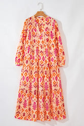 Tiered Printed Notched Long Sleeve Midi Dress OutfitFlow